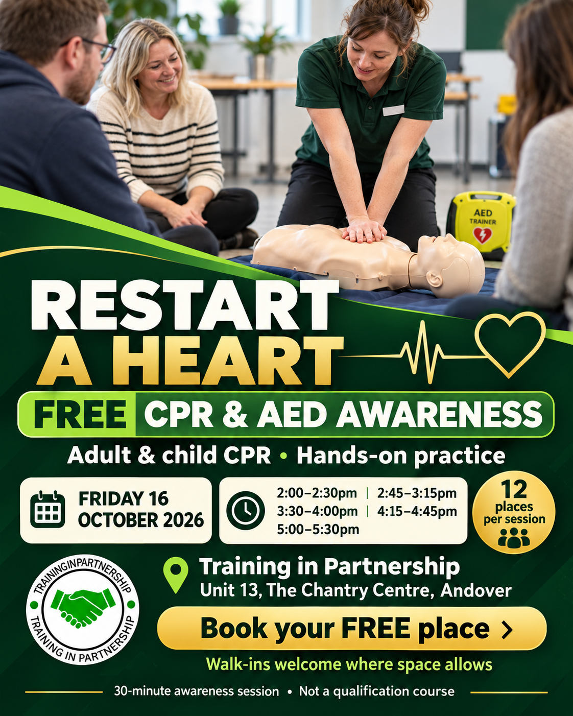 restart-a-heart-andover-october-2026.png Image alt text: “Free Restart a Heart adult and child CPR and AED awareness sessions at Training in Partnership, Andover, on Friday 16 October 2026